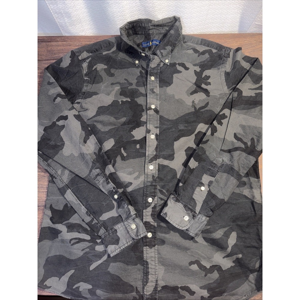 Ralph Lauren Men's Large Black Gray Camoflauge Long Sleeve Button Down Shirt